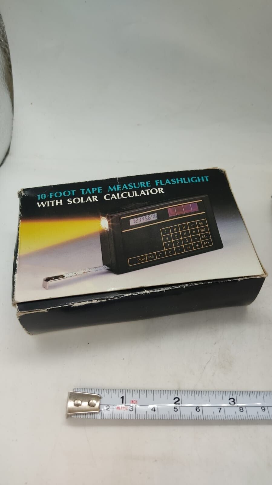 Solar-Powered Calculator with 10 Foot Tape Measure in Carrying Case Box, Vintage