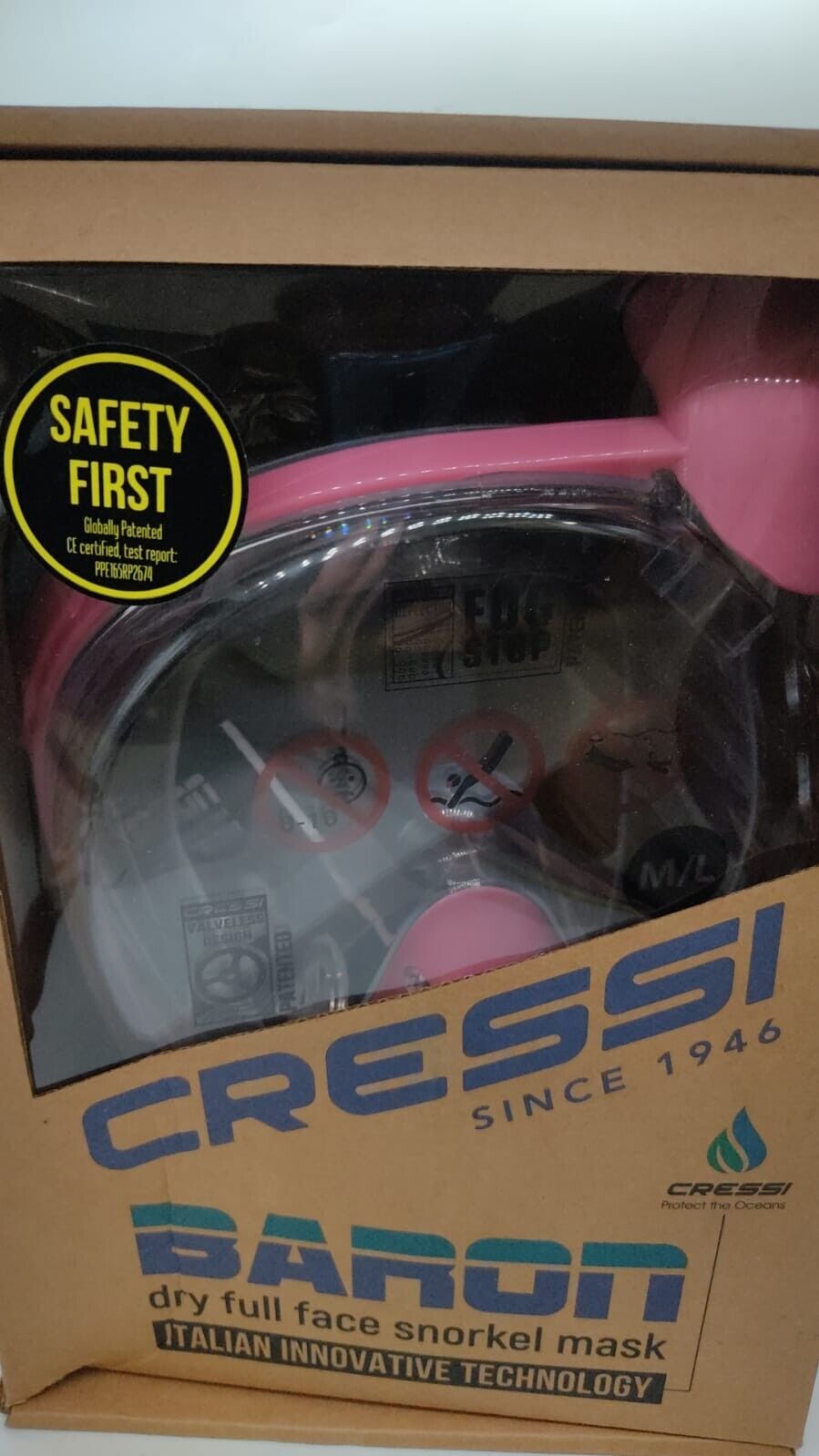 Cressi Baron Full Face Mask Snorkel Swimming Anti-Fog Comfortable M/L Clear Pink