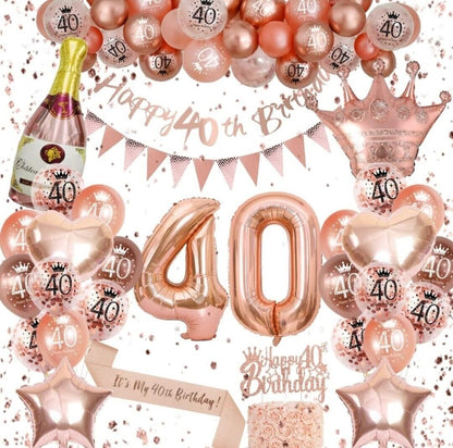 40th Birthday Decoration for Women Rose Gold 40th Balloons Banner Triangle Flag