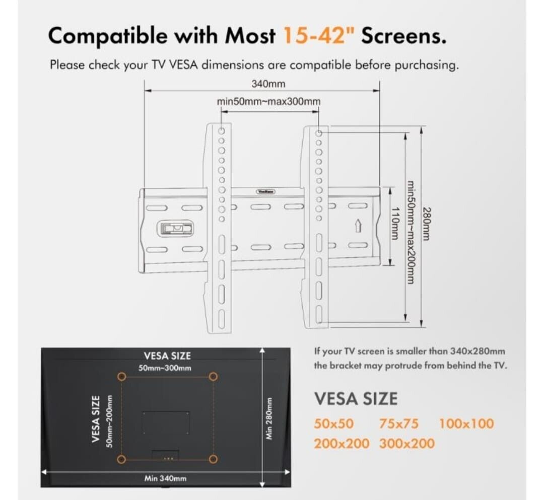 Vonhaus 15-42 inch Flat-to-Wall Mount TV Wall Bracket, New