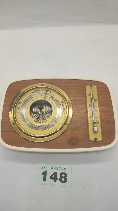 Vintage Weather Station Barometer Thermometer Brass Wood