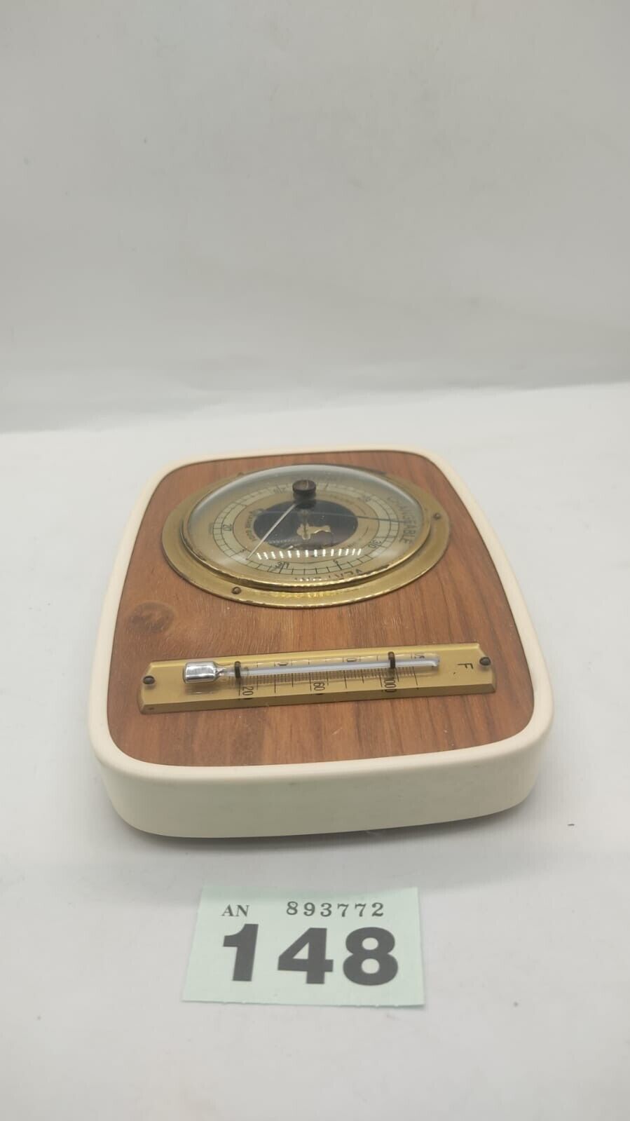 Vintage Weather Station Barometer Thermometer Brass Wood