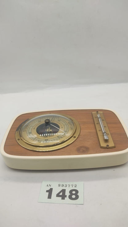 Vintage Weather Station Barometer Thermometer Brass Wood