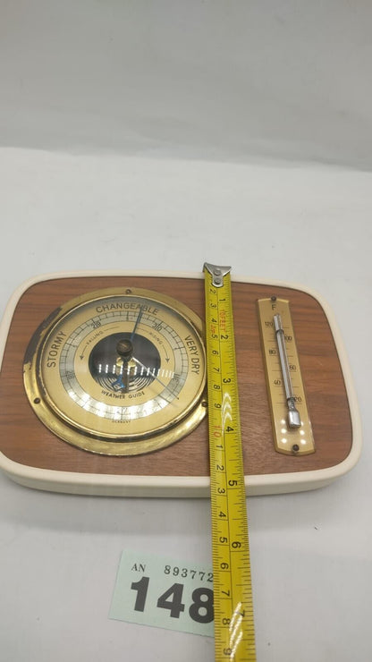 Vintage Weather Station Barometer Thermometer Brass Wood