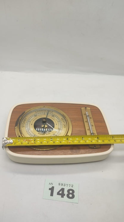 Vintage Weather Station Barometer Thermometer Brass Wood