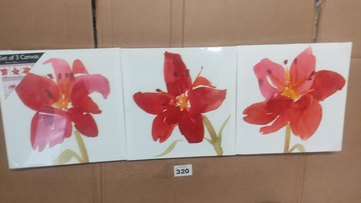 Set of 3 Canvas Wall Art Print Treble Flowers Red 30cm x 90cm