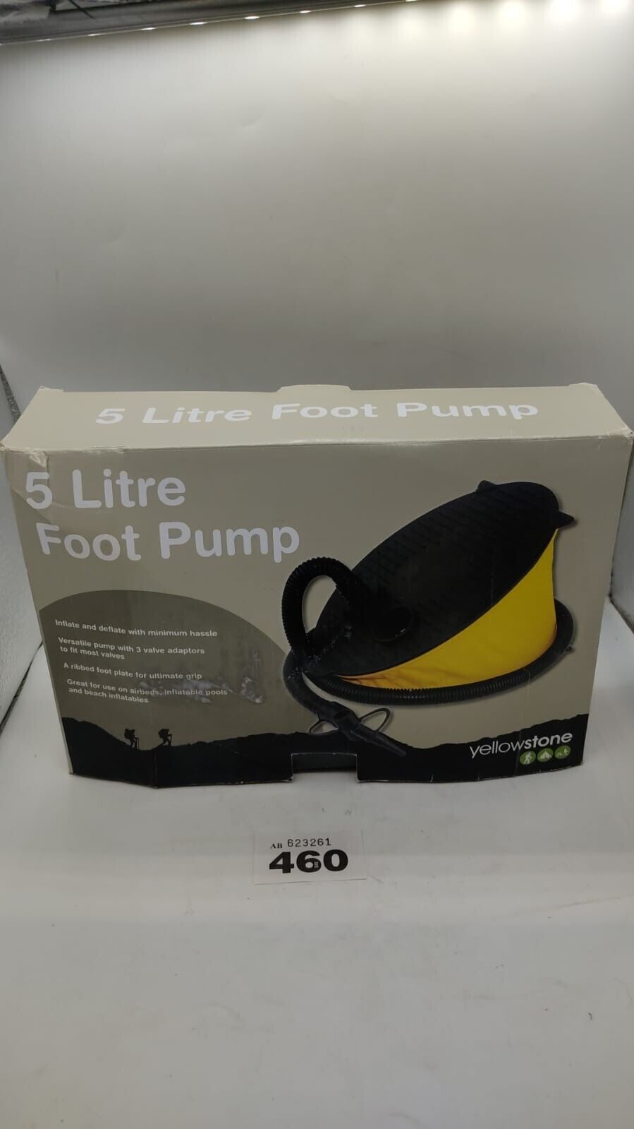 New Boxed Yellowstone 5 Litre Foot Pump with 3 Valve Adaptors - Yellow Black