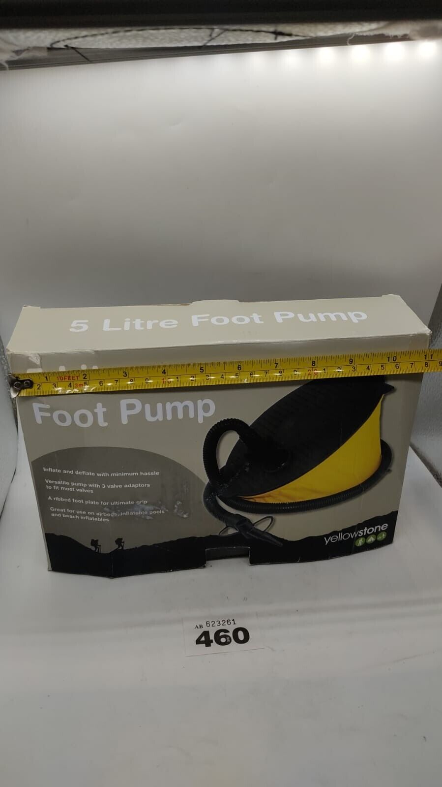 New Boxed Yellowstone 5 Litre Foot Pump with 3 Valve Adaptors - Yellow Black