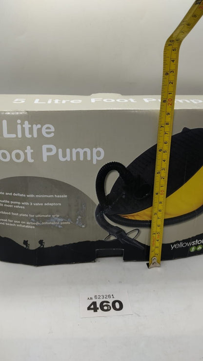 New Boxed Yellowstone 5 Litre Foot Pump with 3 Valve Adaptors - Yellow Black