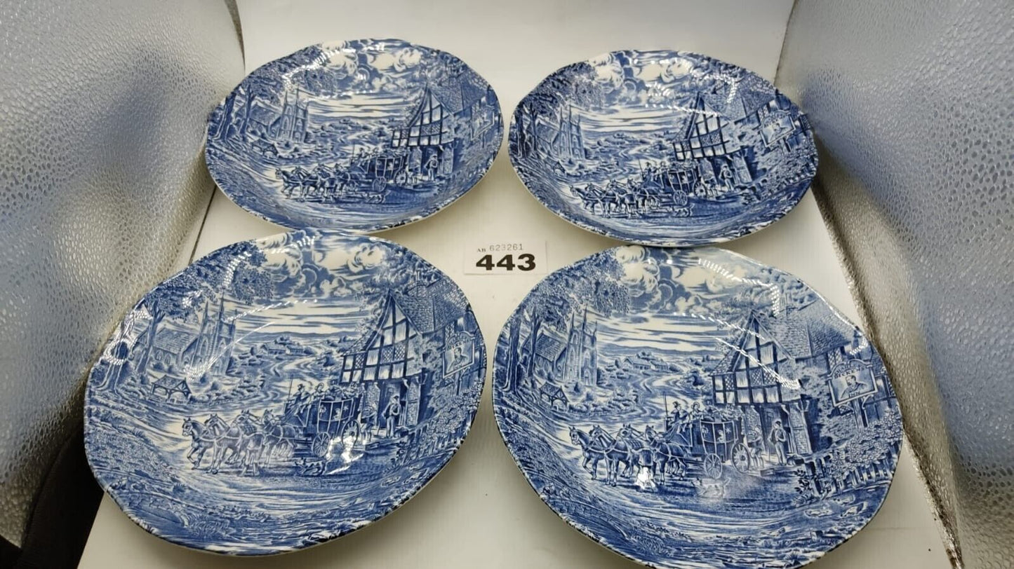 4 Pcs Set Dickens Coaching Days, Kensington Staffordshire Ironstone, Blue Bowls