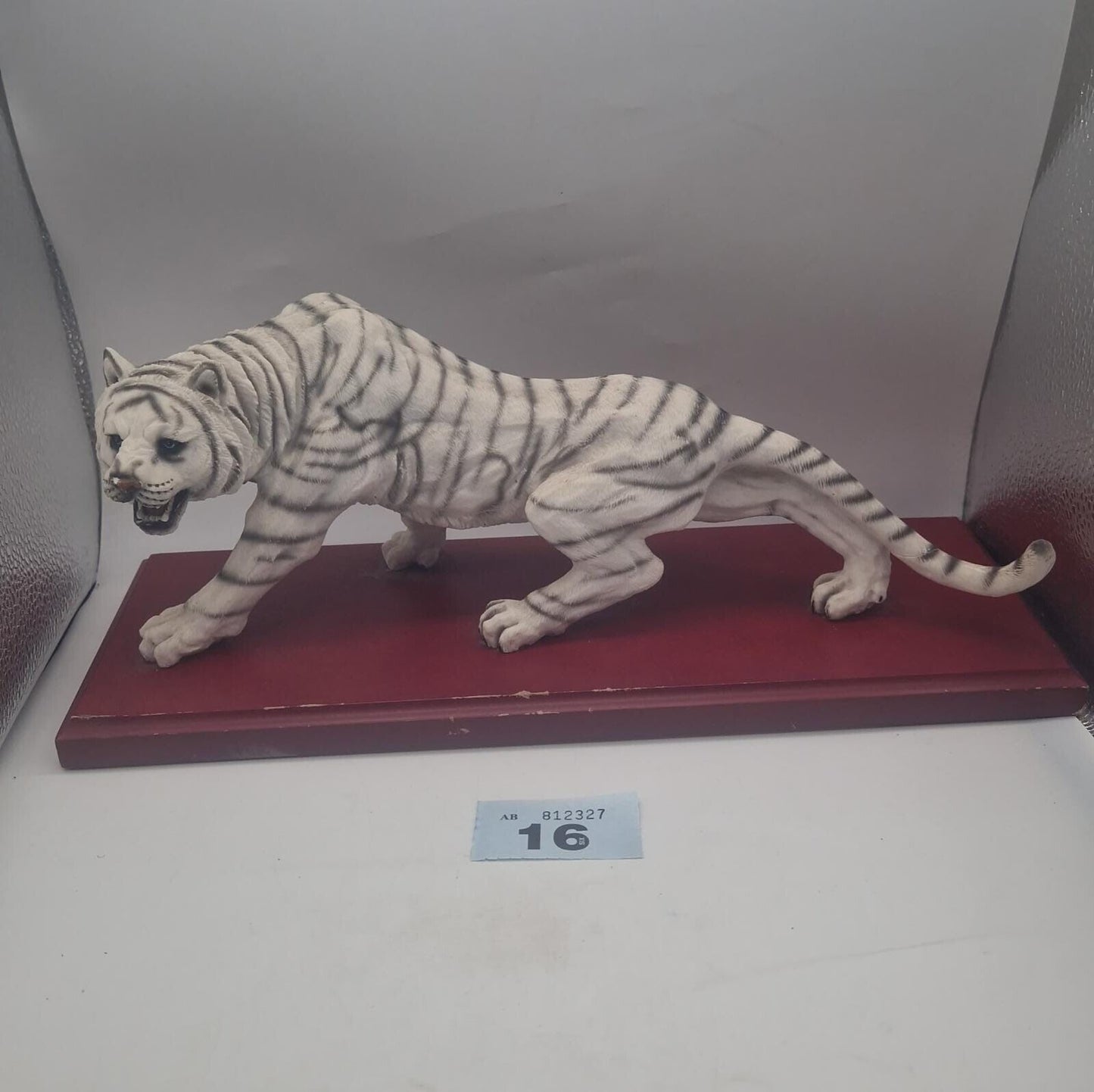 Cellini Collection White Tiger on Plinth Freestanding Ceramic Ornament Wood Base