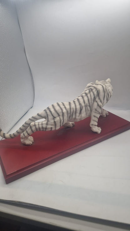 Cellini Collection White Tiger on Plinth Freestanding Ceramic Ornament Wood Base