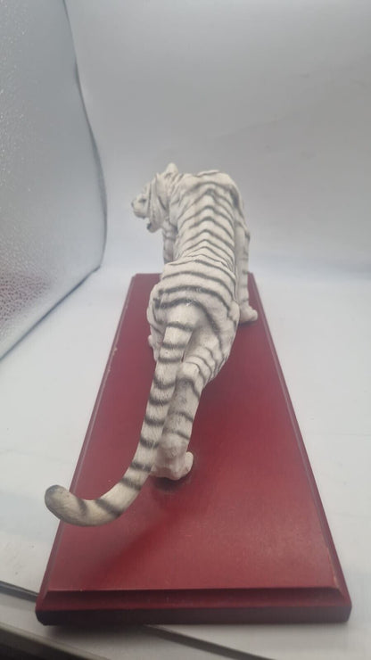 Cellini Collection White Tiger on Plinth Freestanding Ceramic Ornament Wood Base