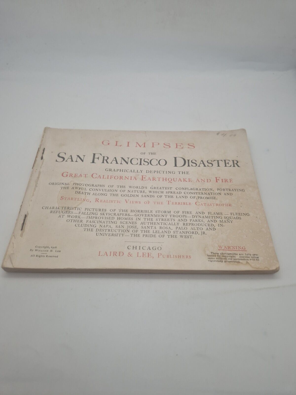 1906 GLIMPSES OF THE SAN FRANCISCO DISASTER Laird & Lee 1st Ed MISSING FRONT COV