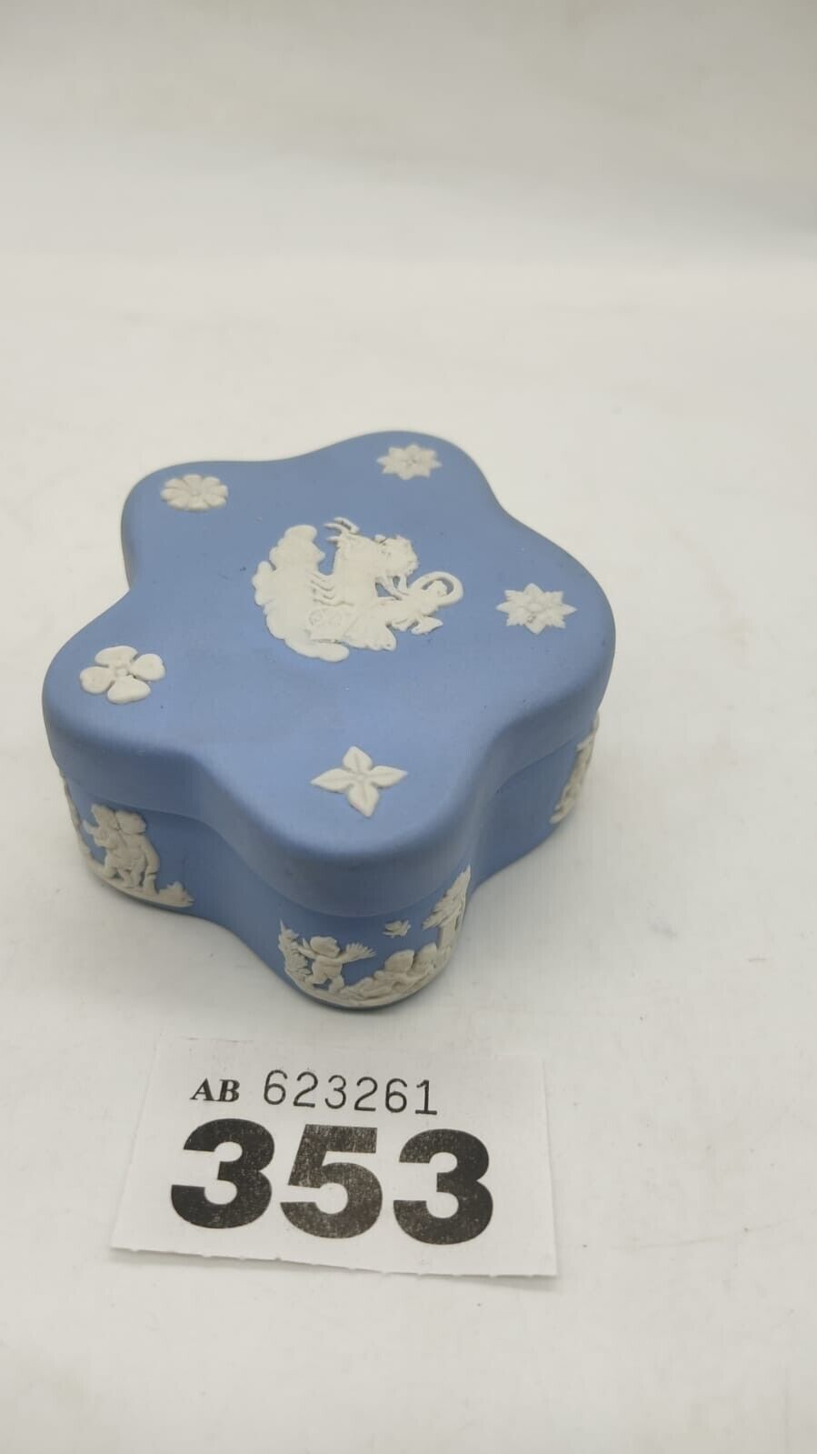 Wedgwood Blue Jasperware Trinket Box Round Star Shape 3 Goddesses, Slight Damage