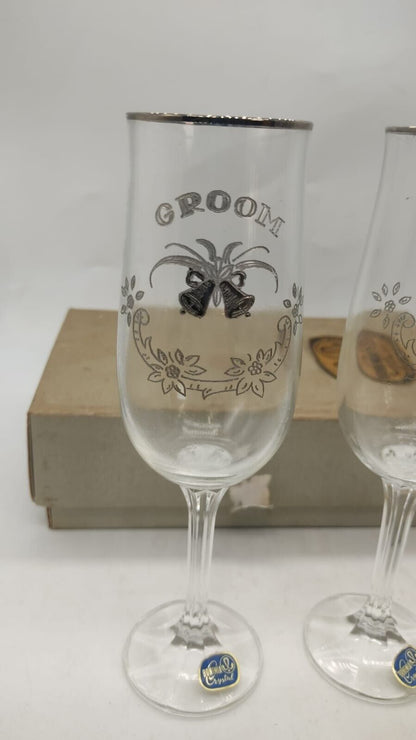 Vintage Bohemia Crystal Glasses Bride & Groom Print Wedding Gift. Boxed