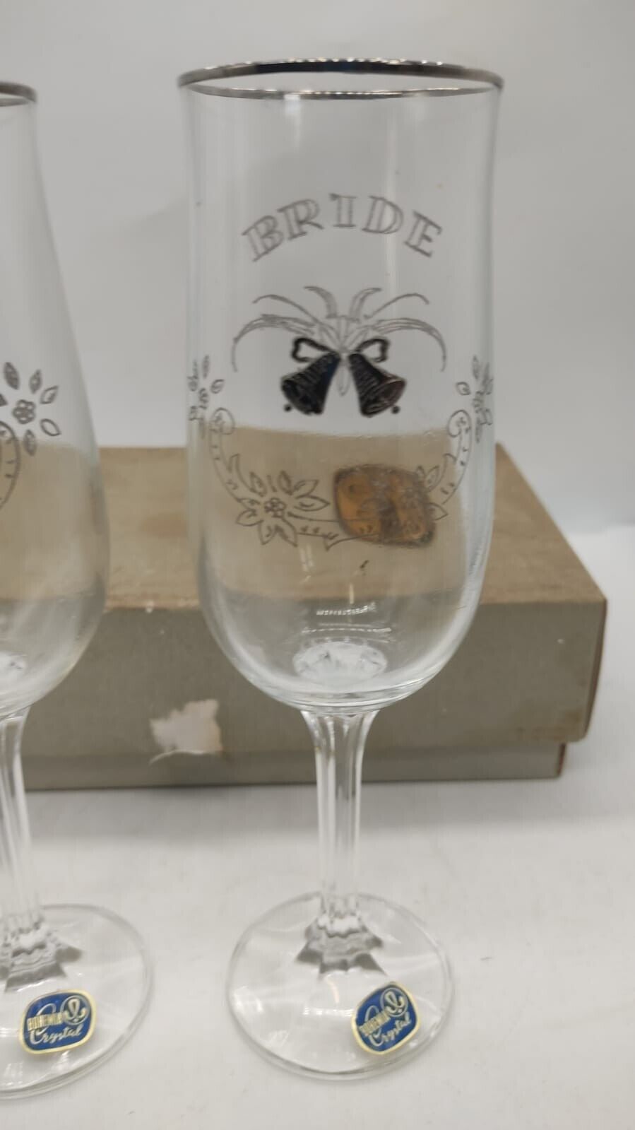 Vintage Bohemia Crystal Glasses Bride & Groom Print Wedding Gift. Boxed