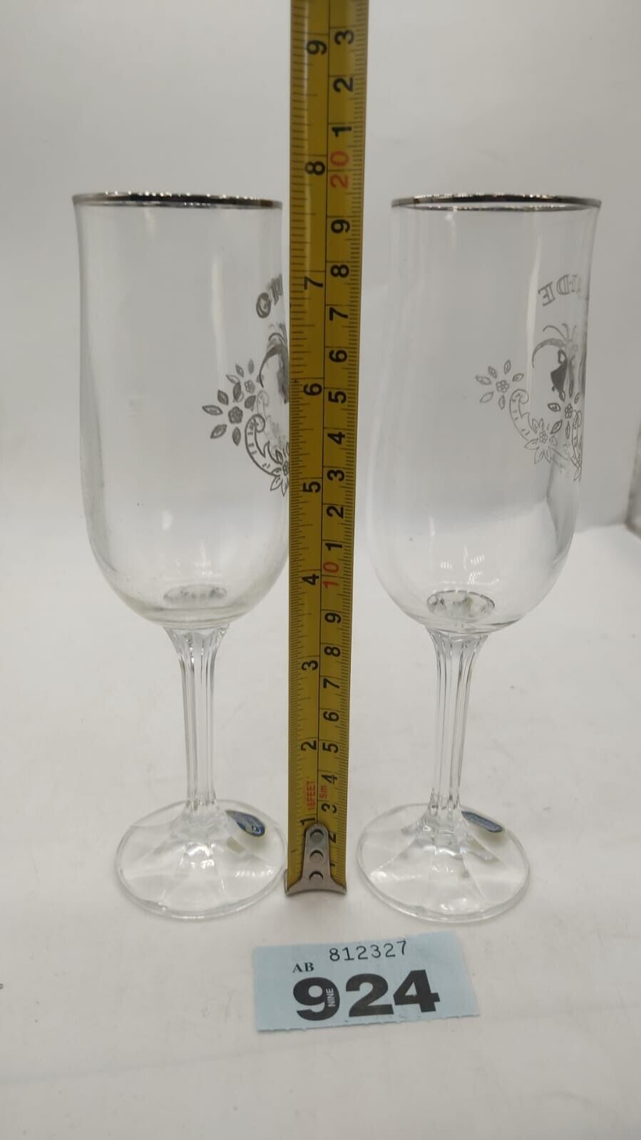 Vintage Bohemia Crystal Glasses Bride & Groom Print Wedding Gift. Boxed