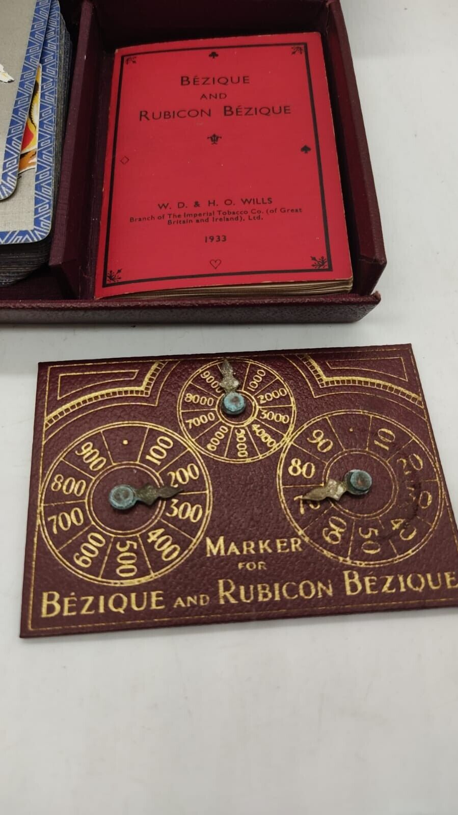 Bezique Game in Maroon Case 1933 Complete w/Playing Cards 2 Markers & Rules, VTG