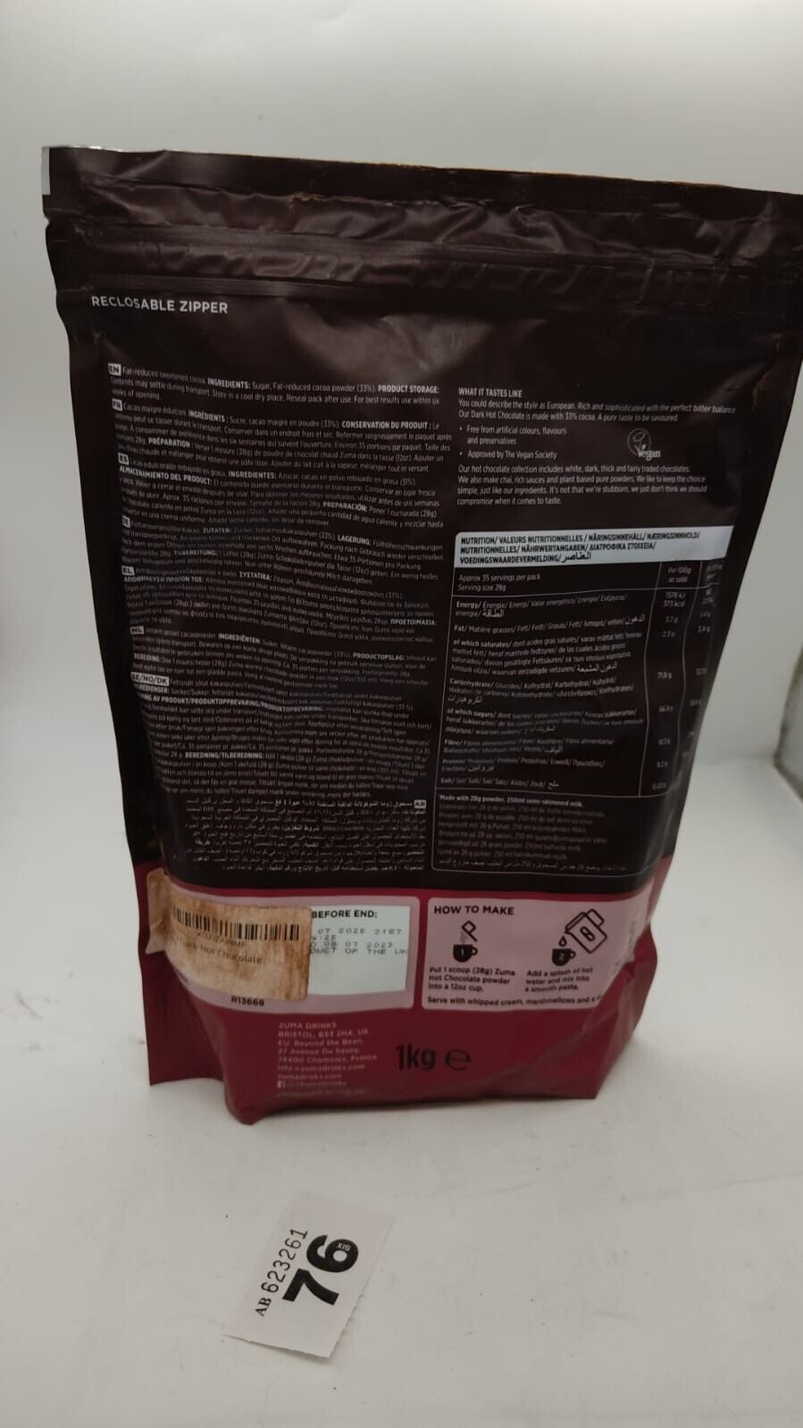 Zuma Dark Vegan Hot Chocolate Powder 1kg Barista Coffee Supplies 33% Cocoa