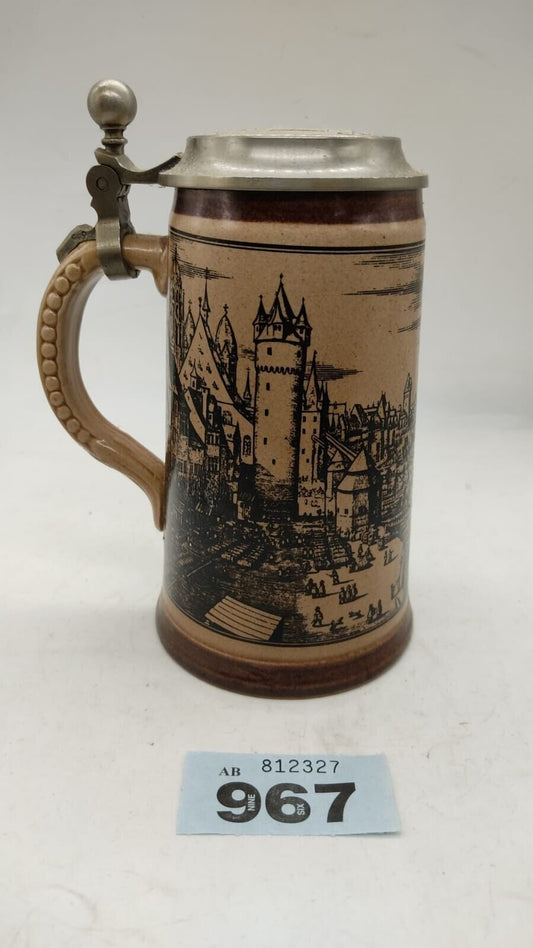 Vintage German Beer Stein, Strasbourg Beer Stein, Pewter Hinged Lid, Marked