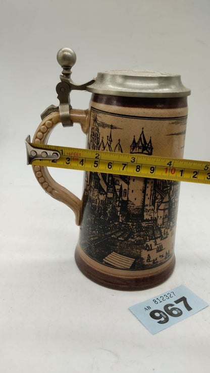 Vintage German Beer Stein, Strasbourg Beer Stein, Pewter Hinged Lid, Marked