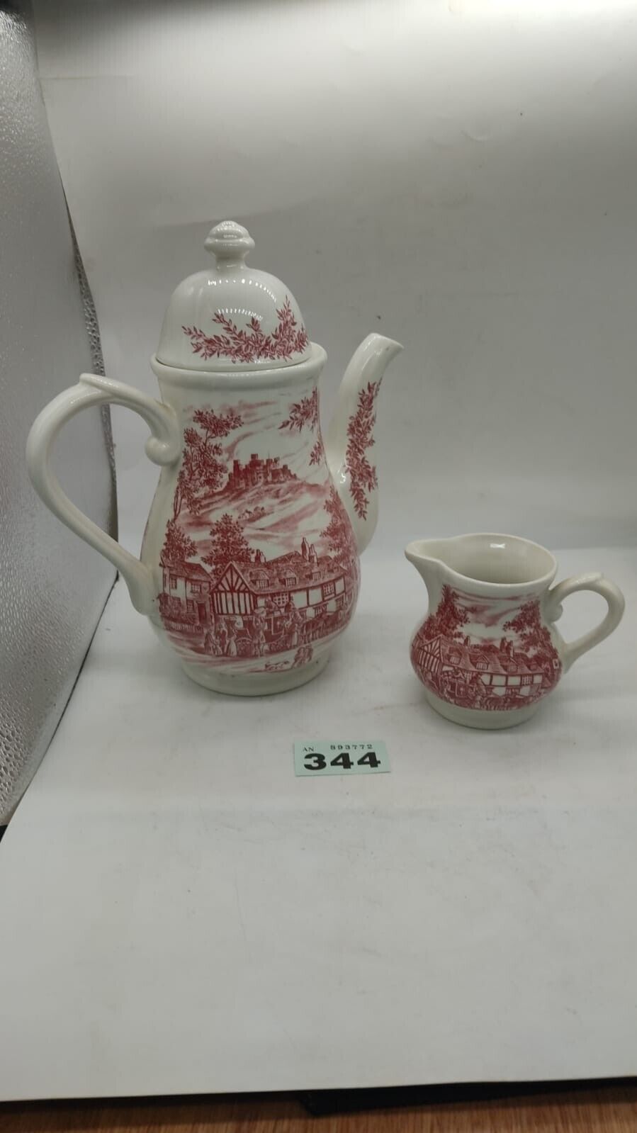 2 Piece Broadhurst & Sons Swan Inn Teapot and Cream Jug. Pink and White Vintage