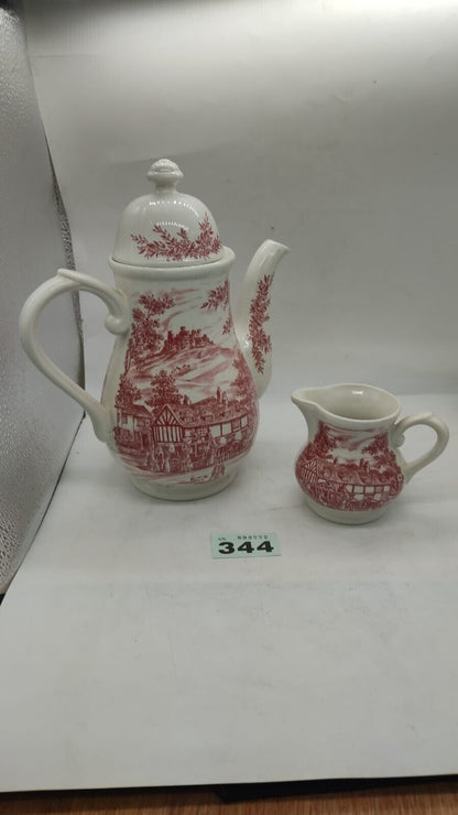 2 Piece Broadhurst & Sons Swan Inn Teapot and Cream Jug. Pink and White Vintage