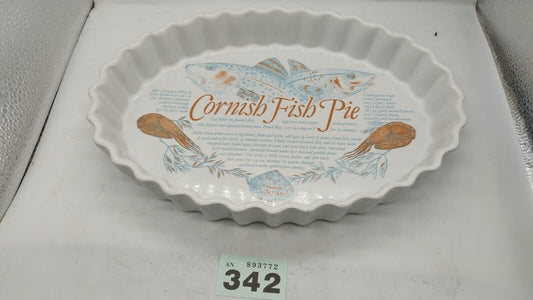 Flan Tarte Dish with Cornish Fish Pie Recipe Motif and Seafood Design Vintage