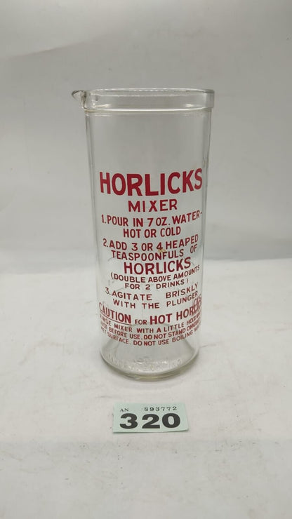 Vintage Glass Horlicks Mixer Jug Measurements On Back. Made in England