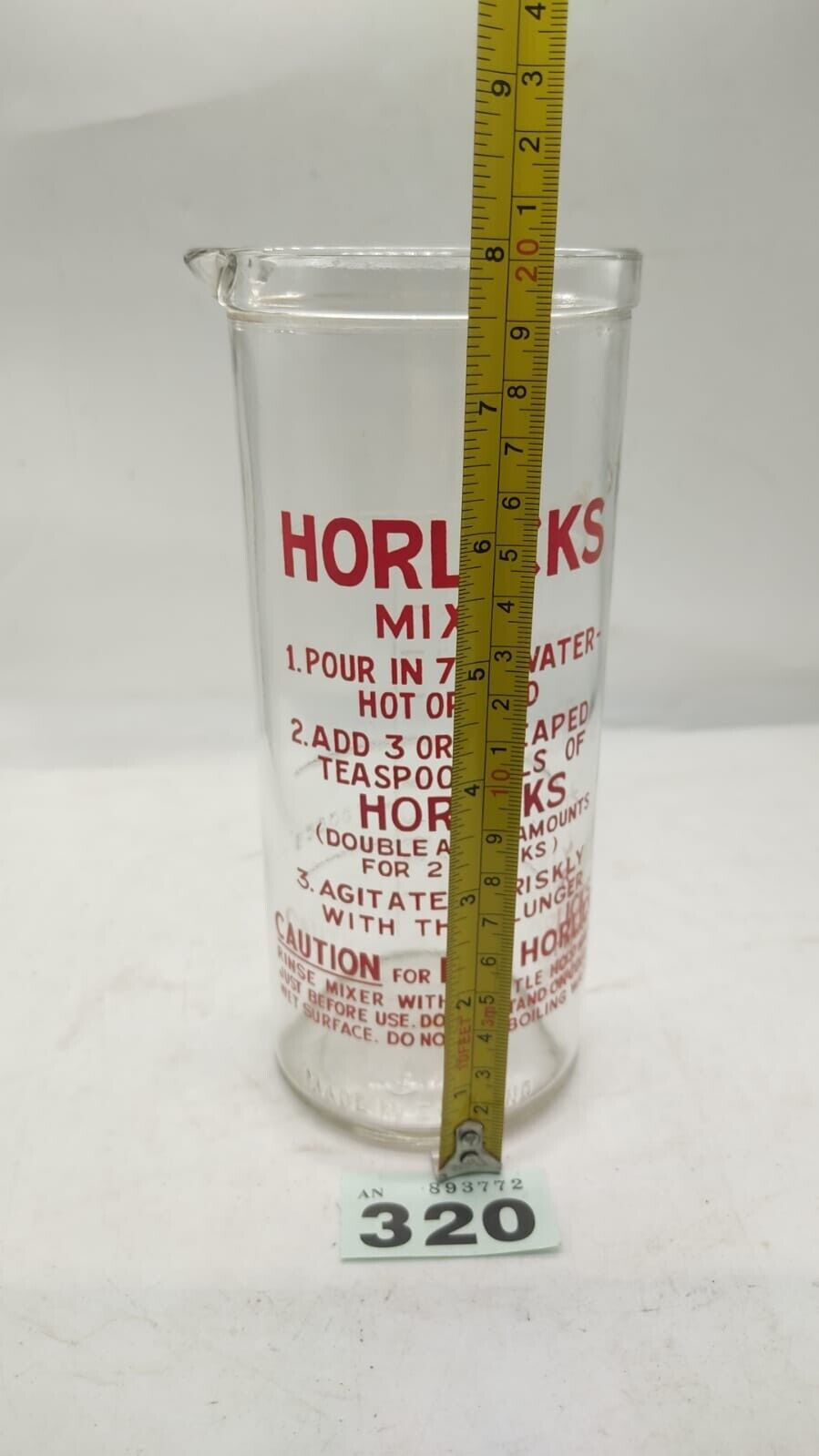 Vintage Glass Horlicks Mixer Jug Measurements On Back. Made in England