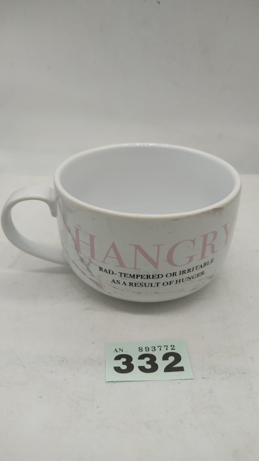 ‘Hangry’ Large Ceramic Handled Microwave Bowl 700ml White Marble Effect Design