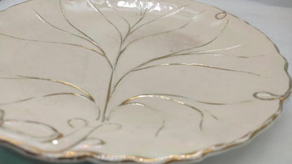 Cake Plate with Leaf Pattern & Pearlescent Paint Effect Fine Bone China Vintage