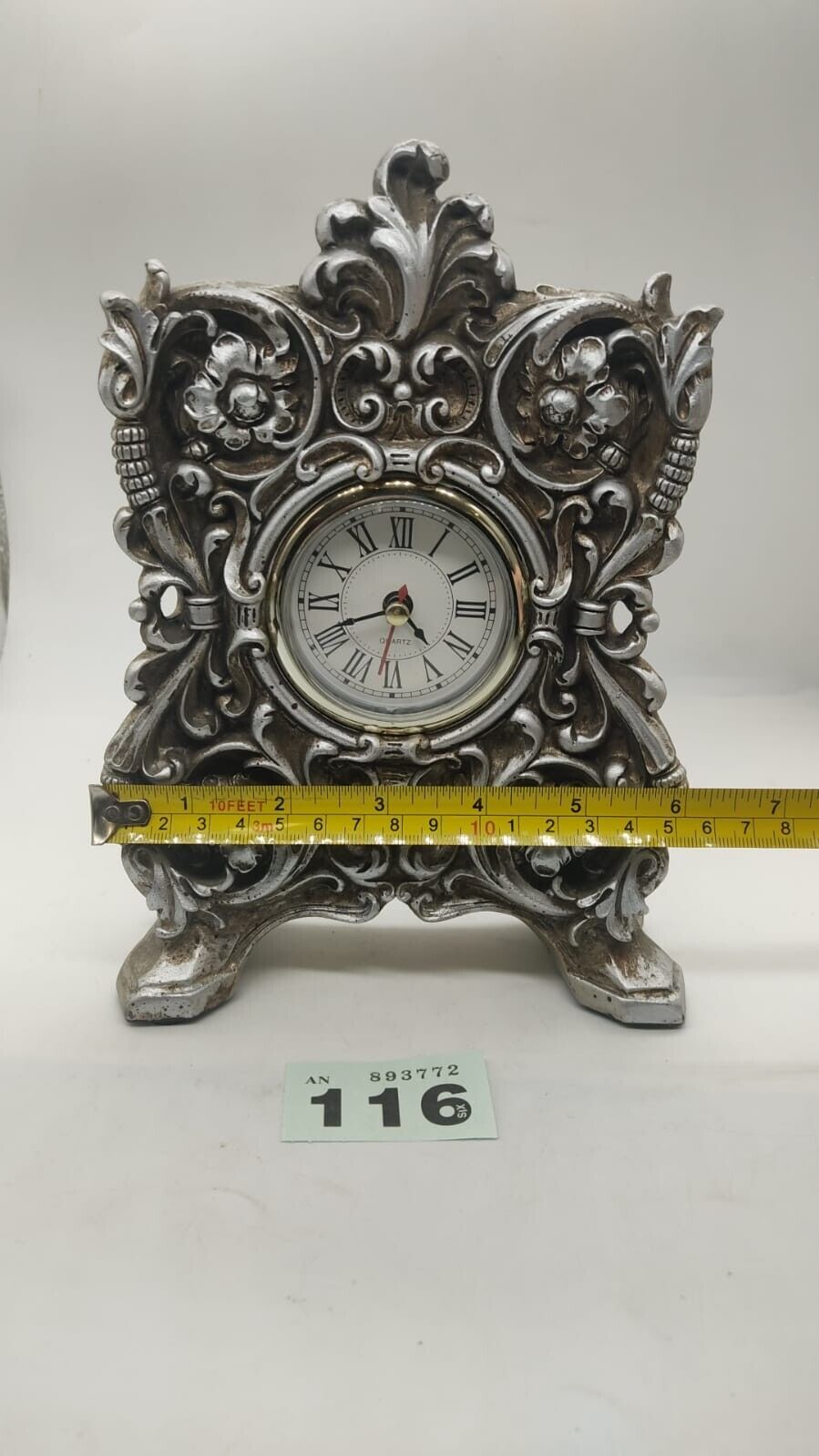 Vintage ornate Style Mantel Clock Battery Powered Sterling Silver Tested working