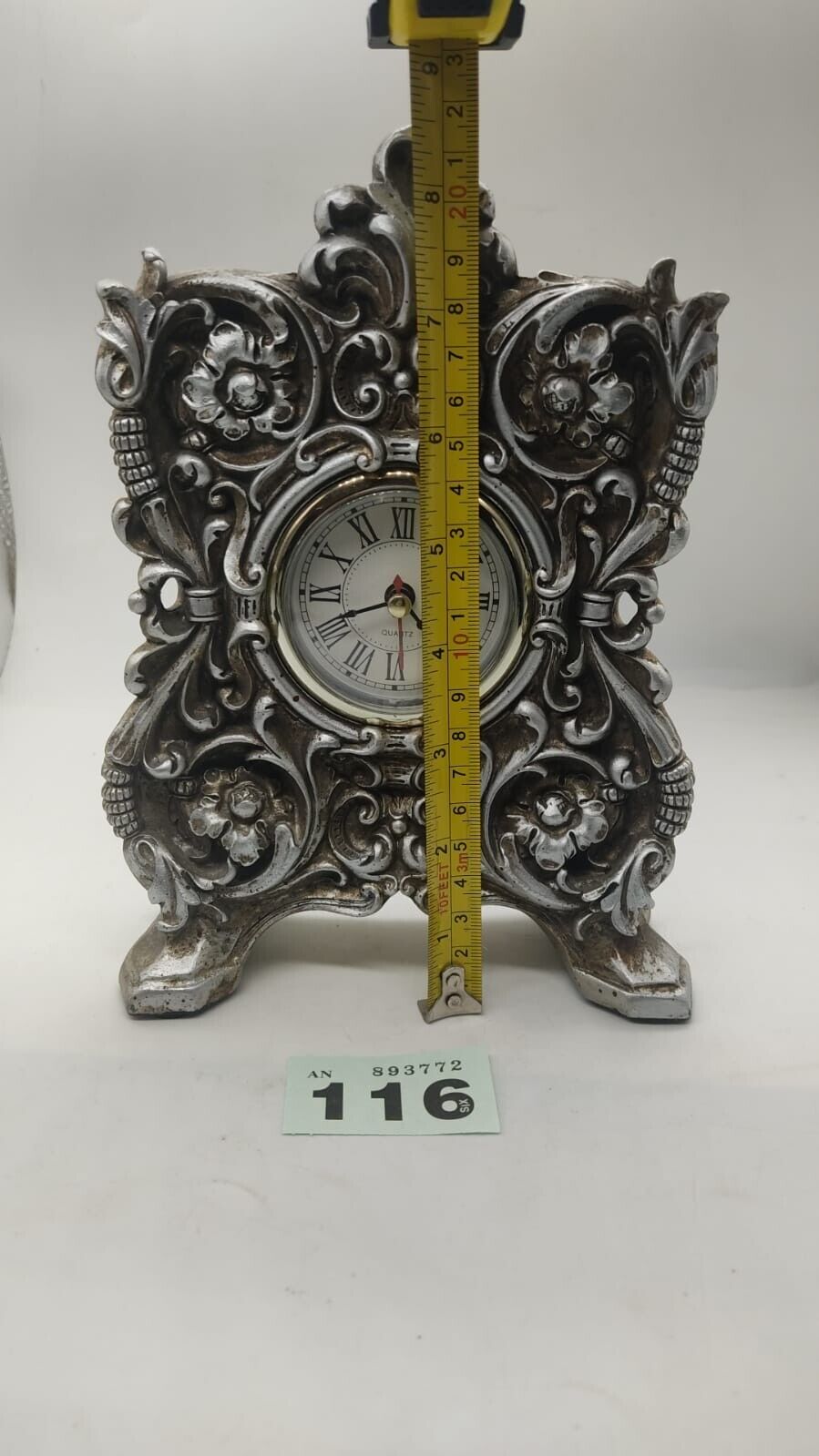 Vintage ornate Style Mantel Clock Battery Powered Sterling Silver Tested working