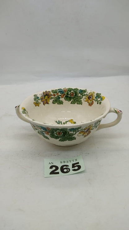 Antique Masons Strathmore Green Yellow Soup Cup. Inside Floral With Two Handles