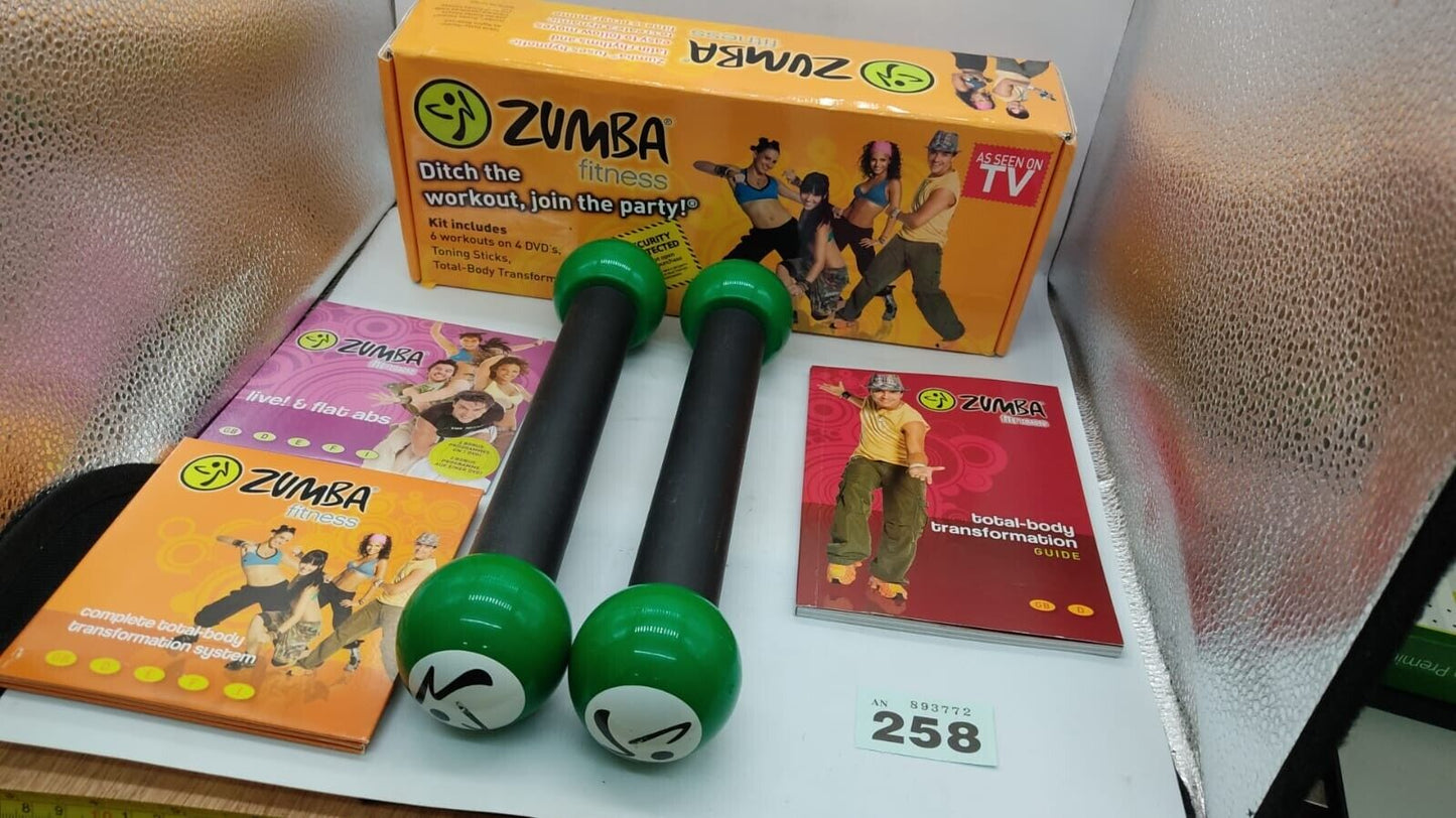 Zumba Fitness Total Body Transformation System 4 DVDs Toning Sticks Guide 2010