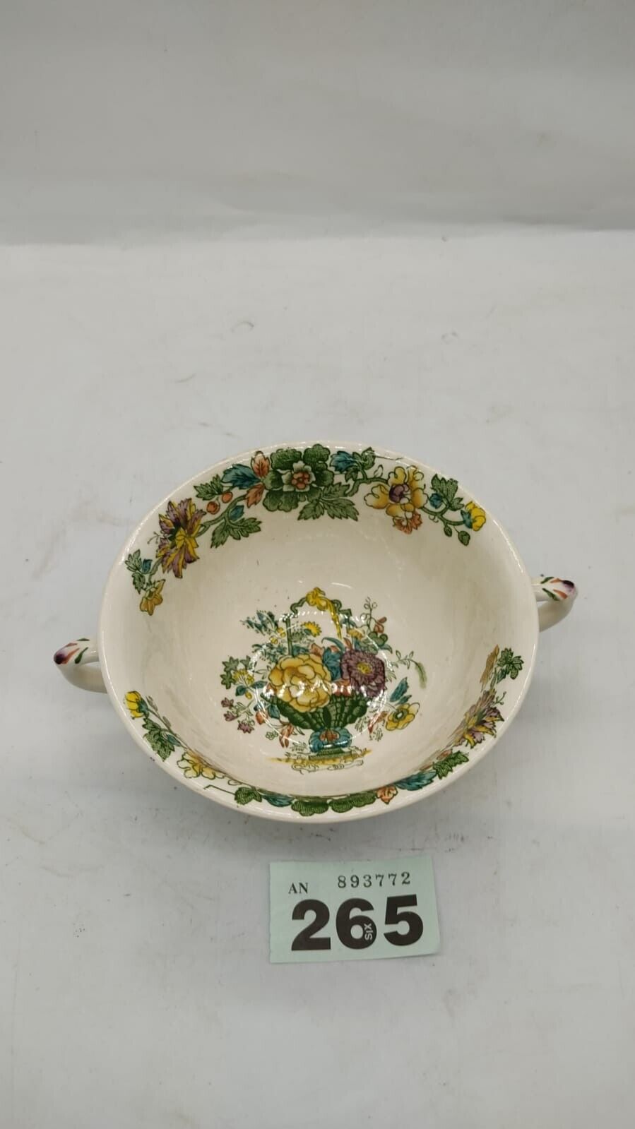 Antique Masons Strathmore Green Yellow Soup Cup. Inside Floral With Two Handles