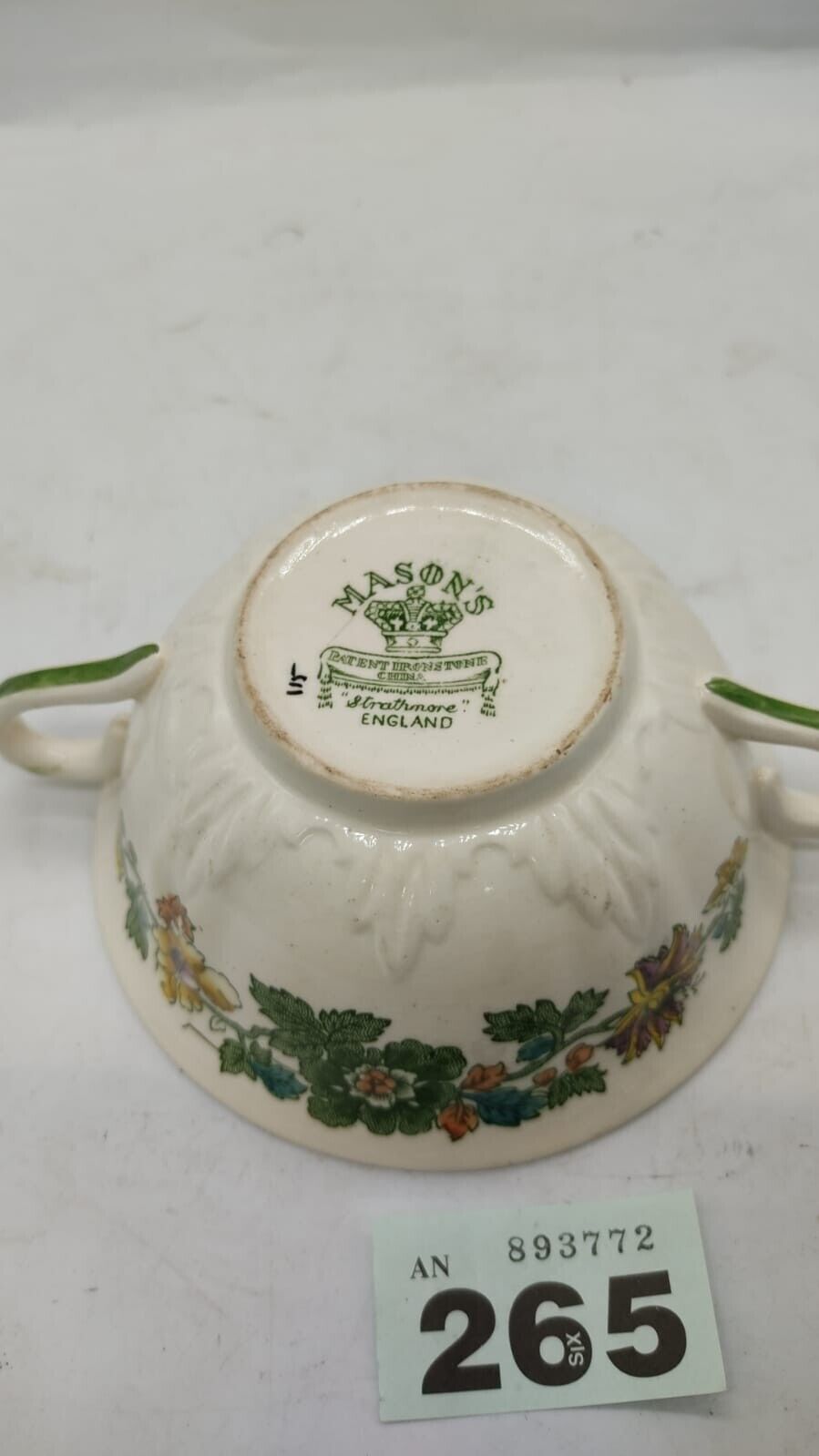 Antique Masons Strathmore Green Yellow Soup Cup. Inside Floral With Two Handles