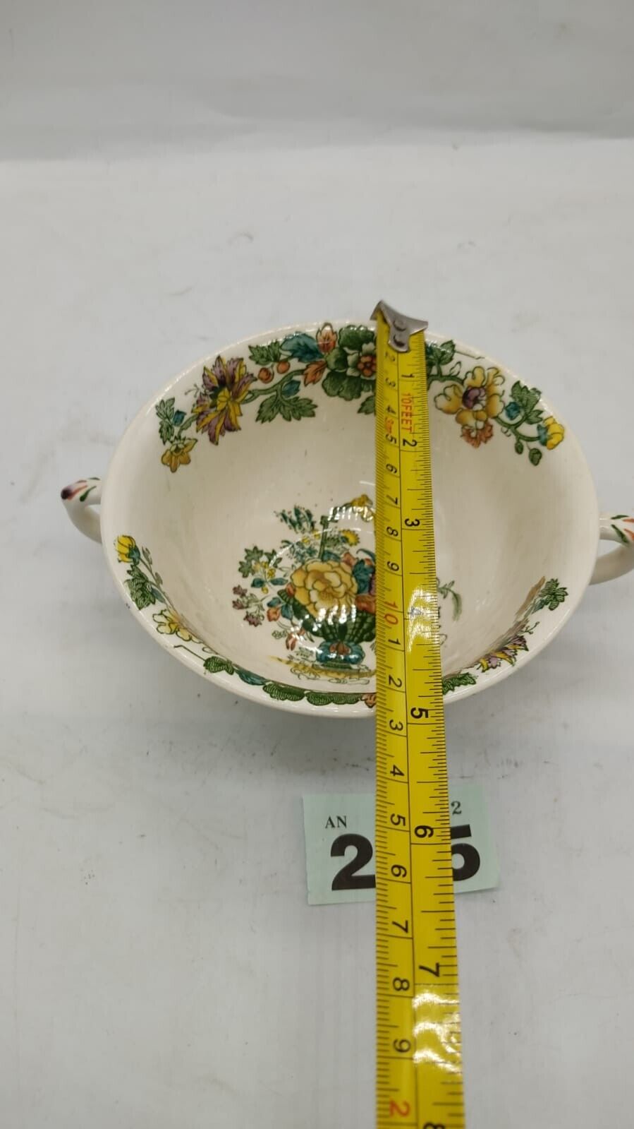 Antique Masons Strathmore Green Yellow Soup Cup. Inside Floral With Two Handles