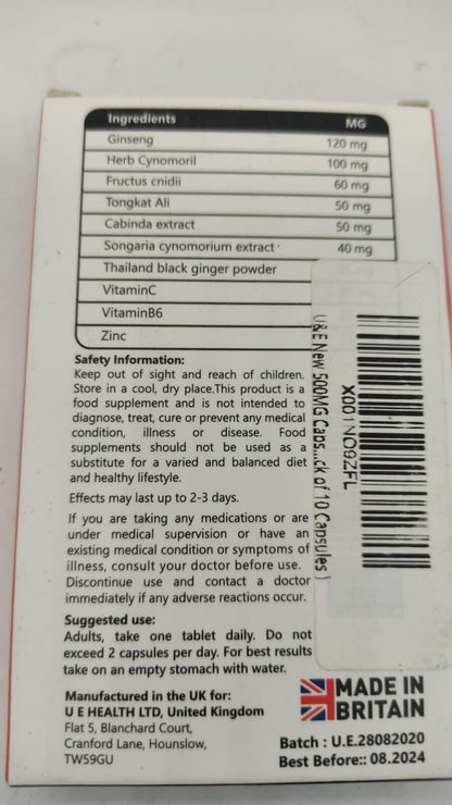 10x500mg Super Max Capsules for Men, High Strength.