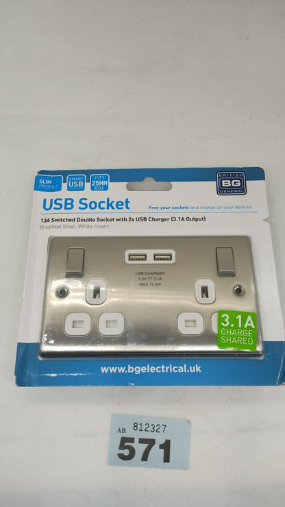 BG Nexus NBS22U3G 13A Brushed Steel Double Socket 2 x USB Chargers