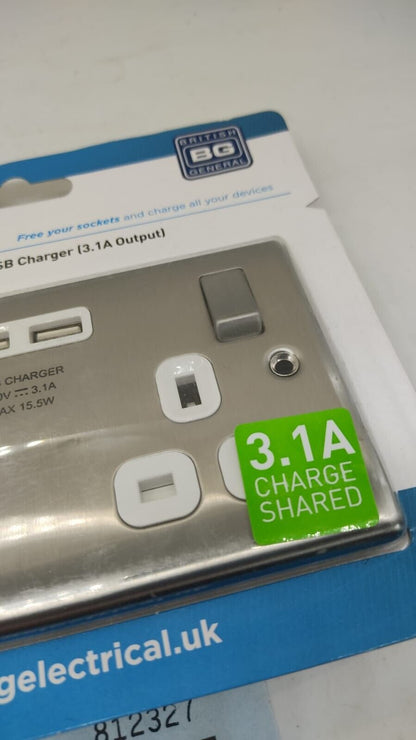 BG Nexus NBS22U3G 13A Brushed Steel Double Socket 2 x USB Chargers