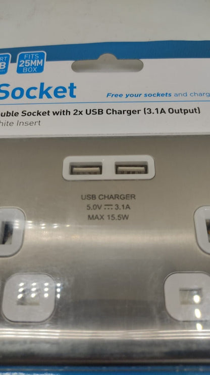 BG Nexus NBS22U3G 13A Brushed Steel Double Socket 2 x USB Chargers