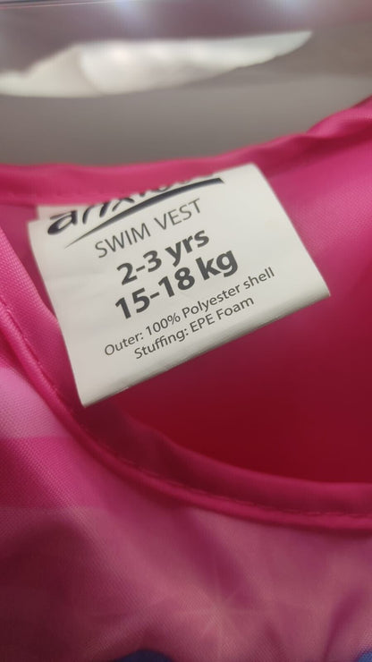 Swim Jacket Anxious Kids Ages 2-3 Years Pink Polyester Shell Comfortable 15-18kg