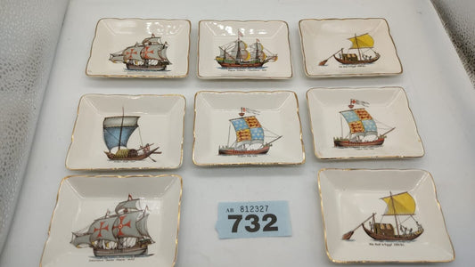 8Pcs Sandland Ware Ceramic Sailing Trinket Trays Depicting Historic Boats - VTG