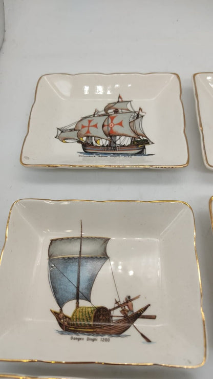 8Pcs Sandland Ware Ceramic Sailing Trinket Trays Depicting Historic Boats - VTG