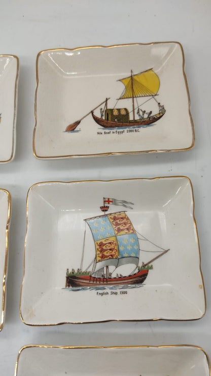 8Pcs Sandland Ware Ceramic Sailing Trinket Trays Depicting Historic Boats - VTG