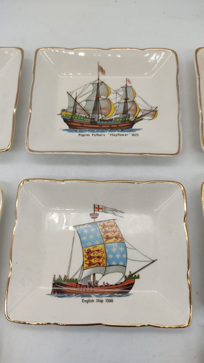 8Pcs Sandland Ware Ceramic Sailing Trinket Trays Depicting Historic Boats - VTG