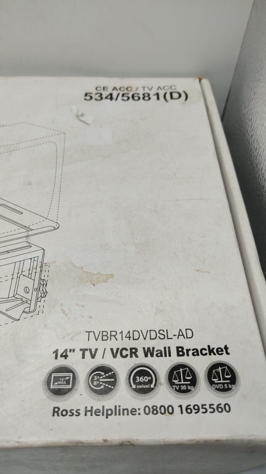 Ross 14" TV/VCR wall bracket. TVBR14DVDSL-AD New in box